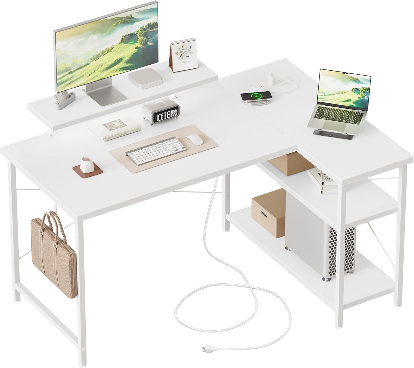 L Shaped Computer Desk with Power Outlets for Small Spaces