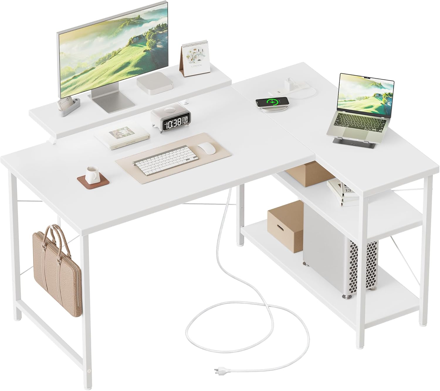 L Shaped Computer Desk with Power Outlets for Small Spaces