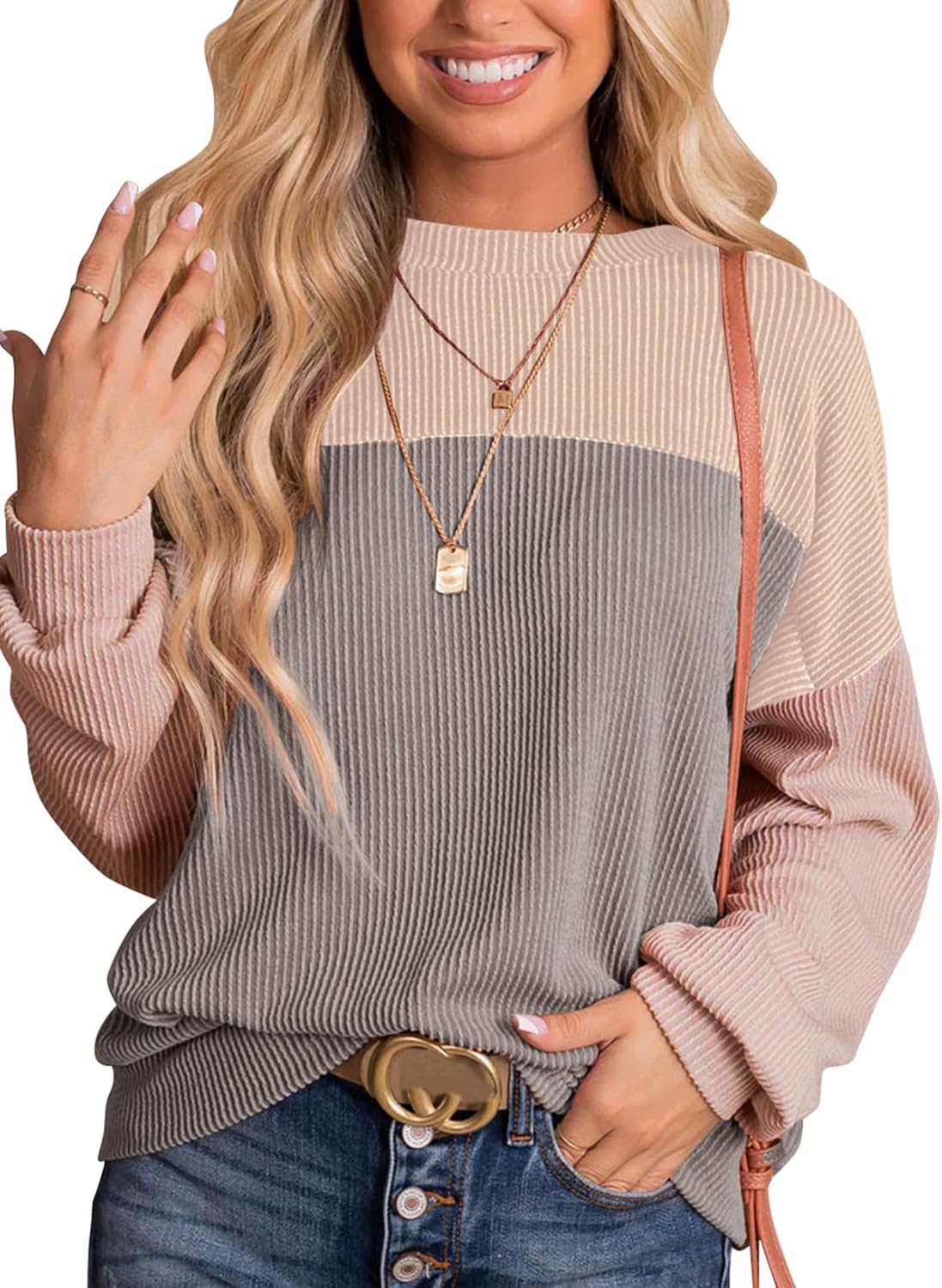 Dokotoo Womens Fashion Color Block Long Sleeve Pullover Tops