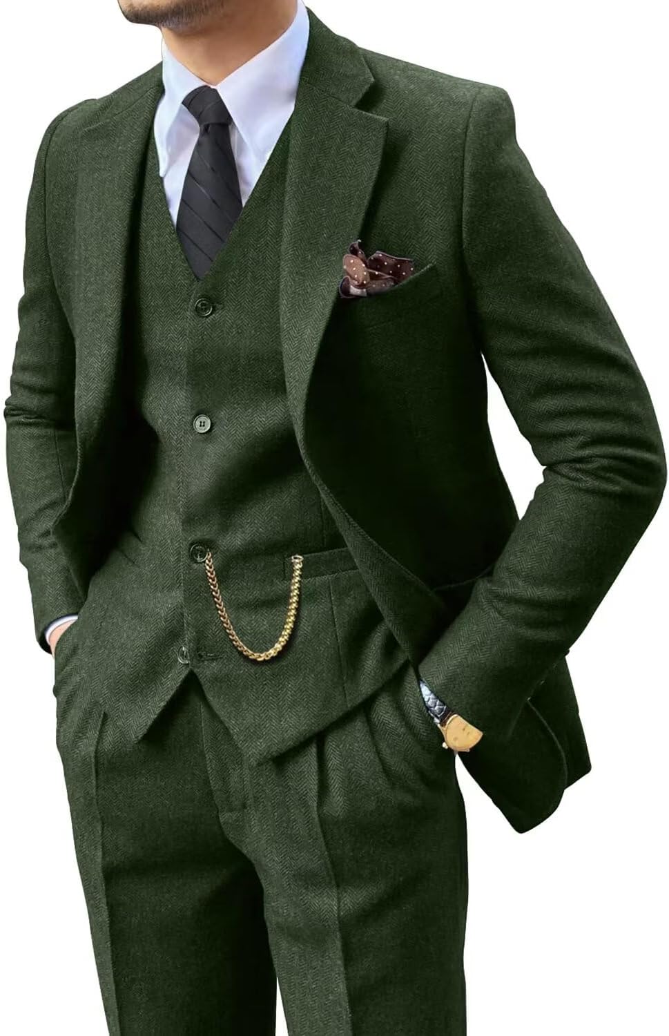 Retro 3 Piece Suit Tweed Herringbone Men's Slim Fit Tuxedo Set