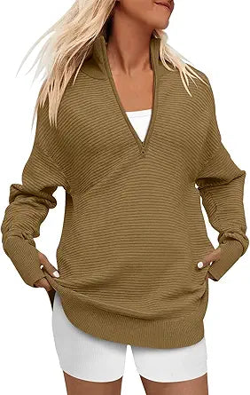 ANRABESS Women's Fall Long Sleeve Half Zip V Neck Sweater