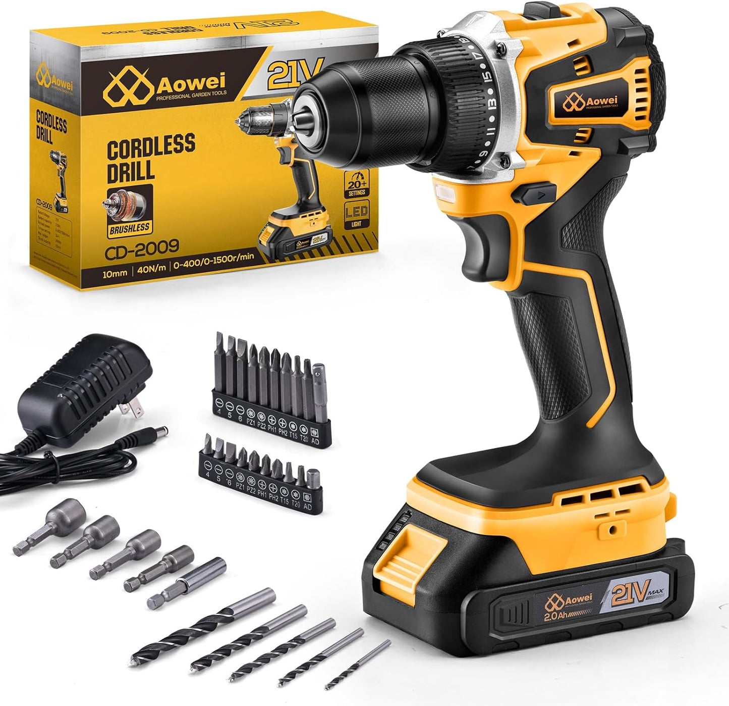 21V Lithium-Ion Cordless Drill Set with Brushless Motor and Battery