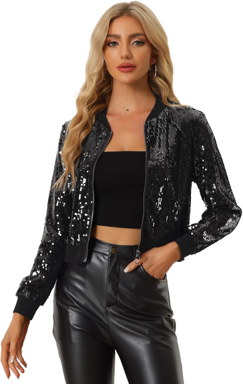 Allegra K Sequin Bomber Jacket for Sparkly Halloween Parties