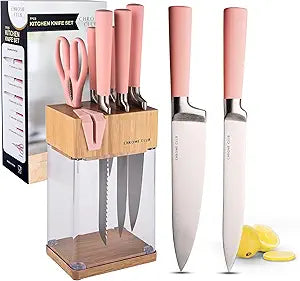 CHROME CLUB Pink Knife Set with Block - 7 Piece Kitchen Set