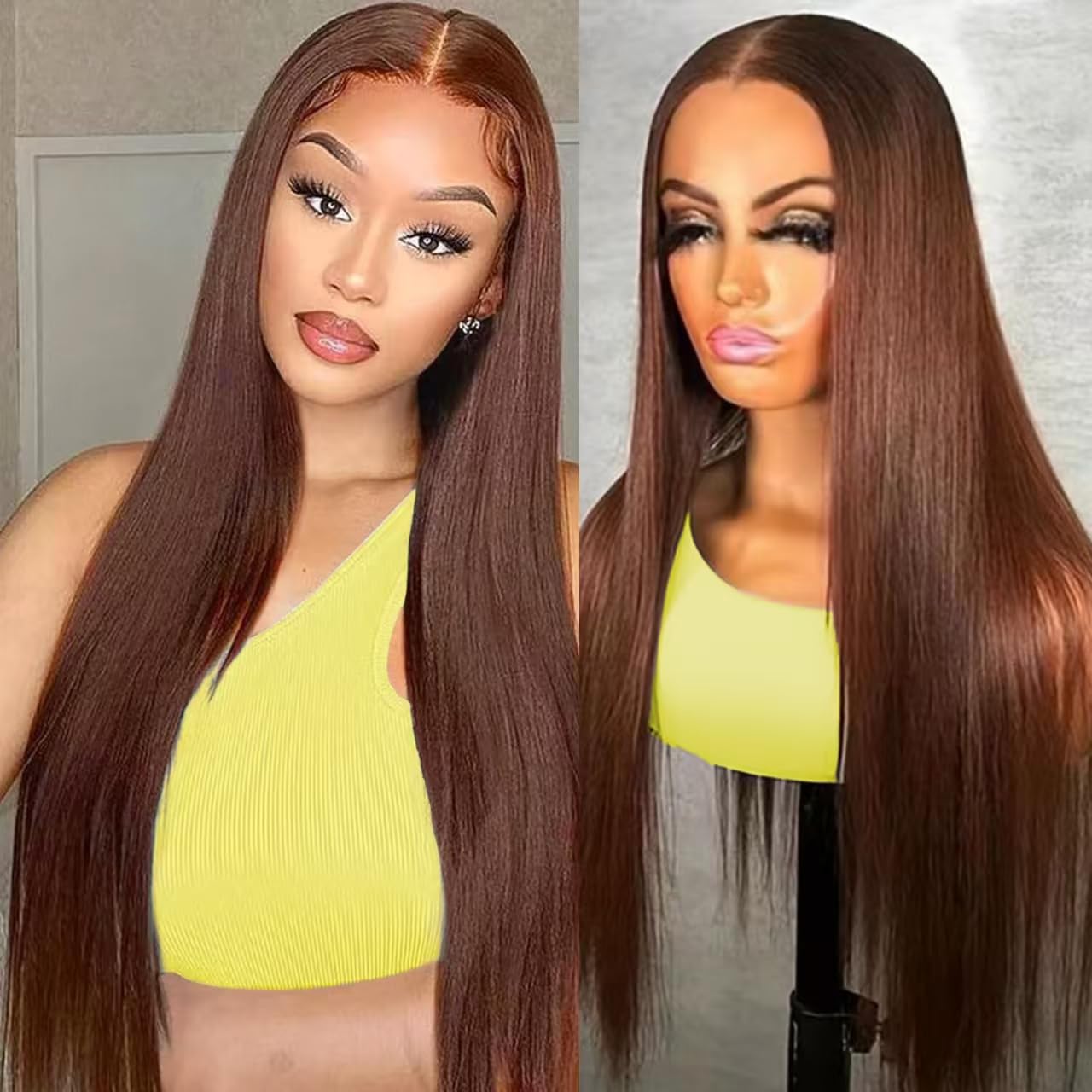 Chocolate Brown Straight Human Hair Wig 200% Density 26 Inch