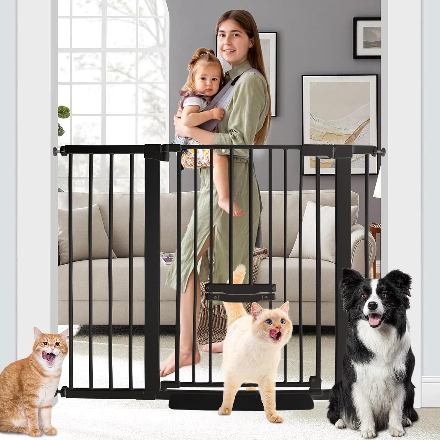 37 Inch Tall Baby Gate with Cat Door for Safety and Convenience