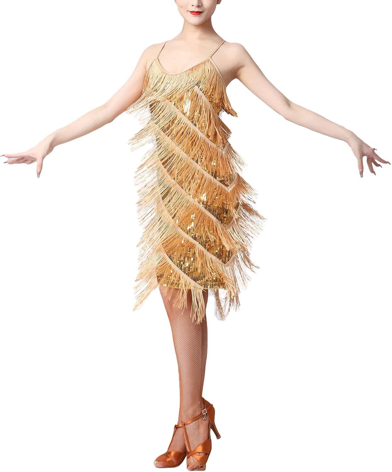 Women Salsa Latin Dance Dress with Sequin Tassel Fringe Style
