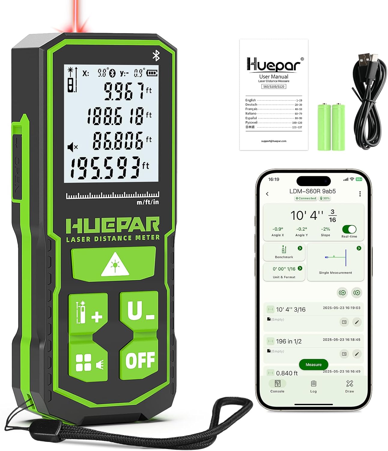 Huepar Laser Distance Measure 200Ft - Accurate Bluetooth Tool
