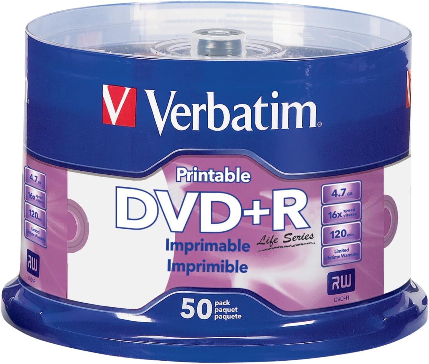 Verbatim Life Series DVD+R Printable Disc Spindle, 50 Pack