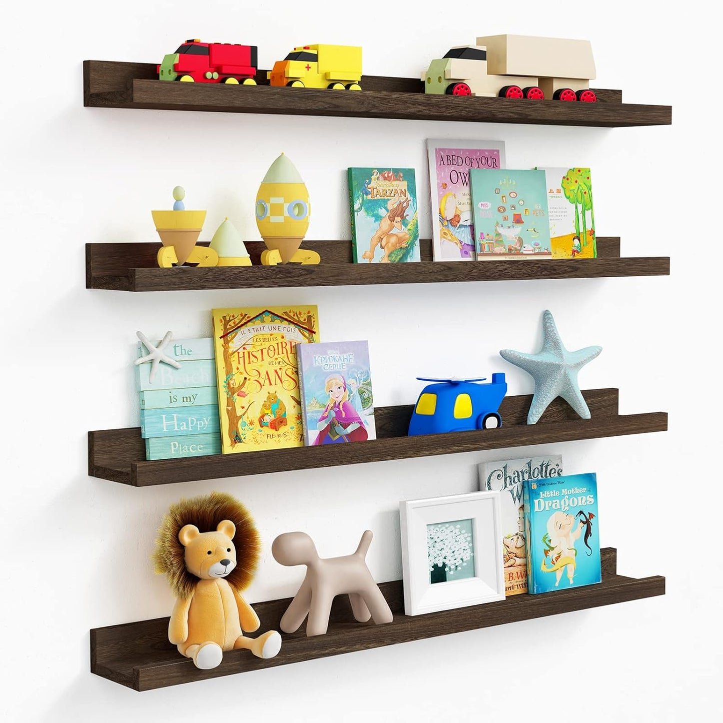 Rustic Wood Wall Shelves for Living Room Set of 4, 36 Inch