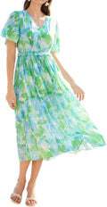 Boho Floral V Neck Midi Dress - Flowy Pleated Summer Style