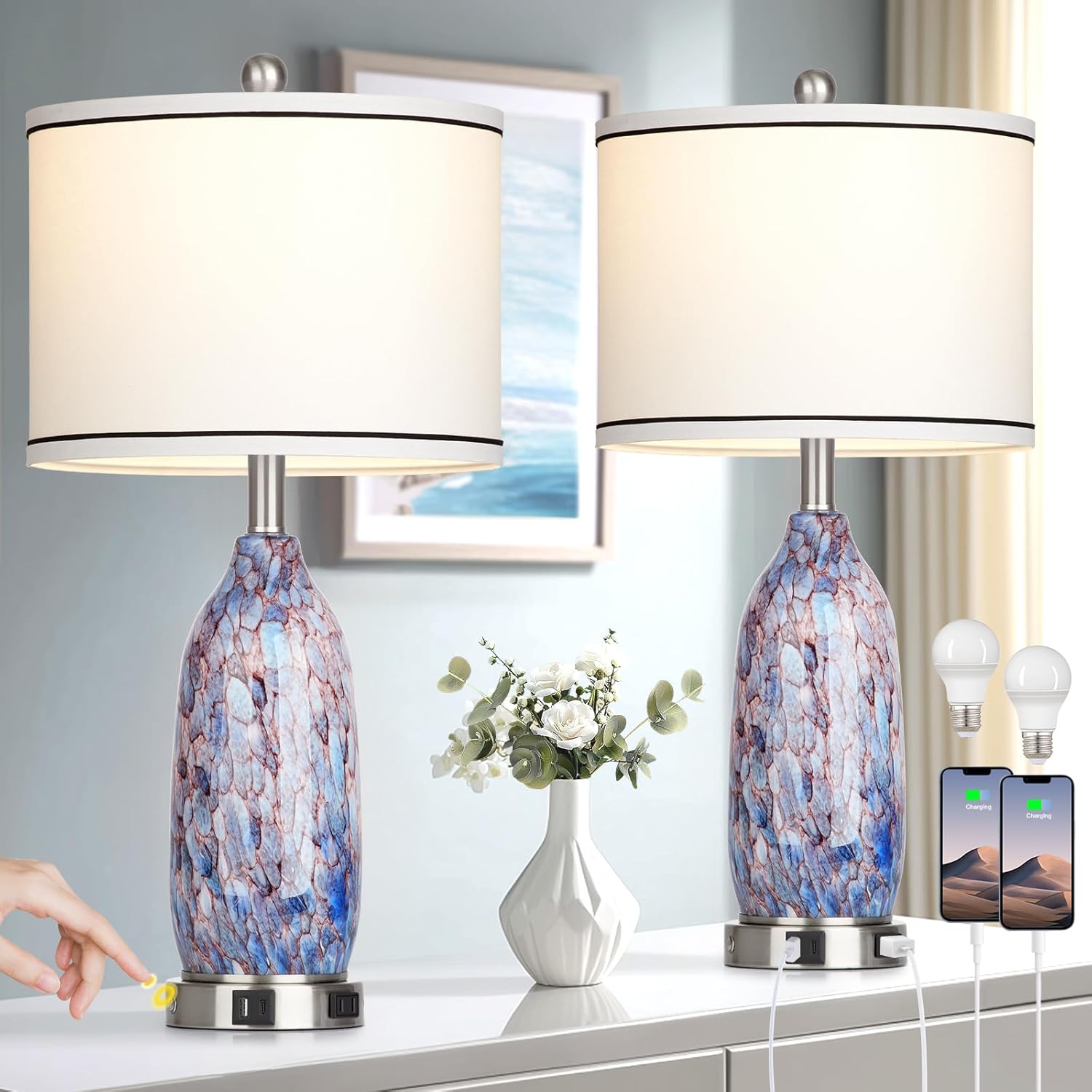 26 Coastal Glass Table Lamps Set of 2 with USB Ports and Bulbs