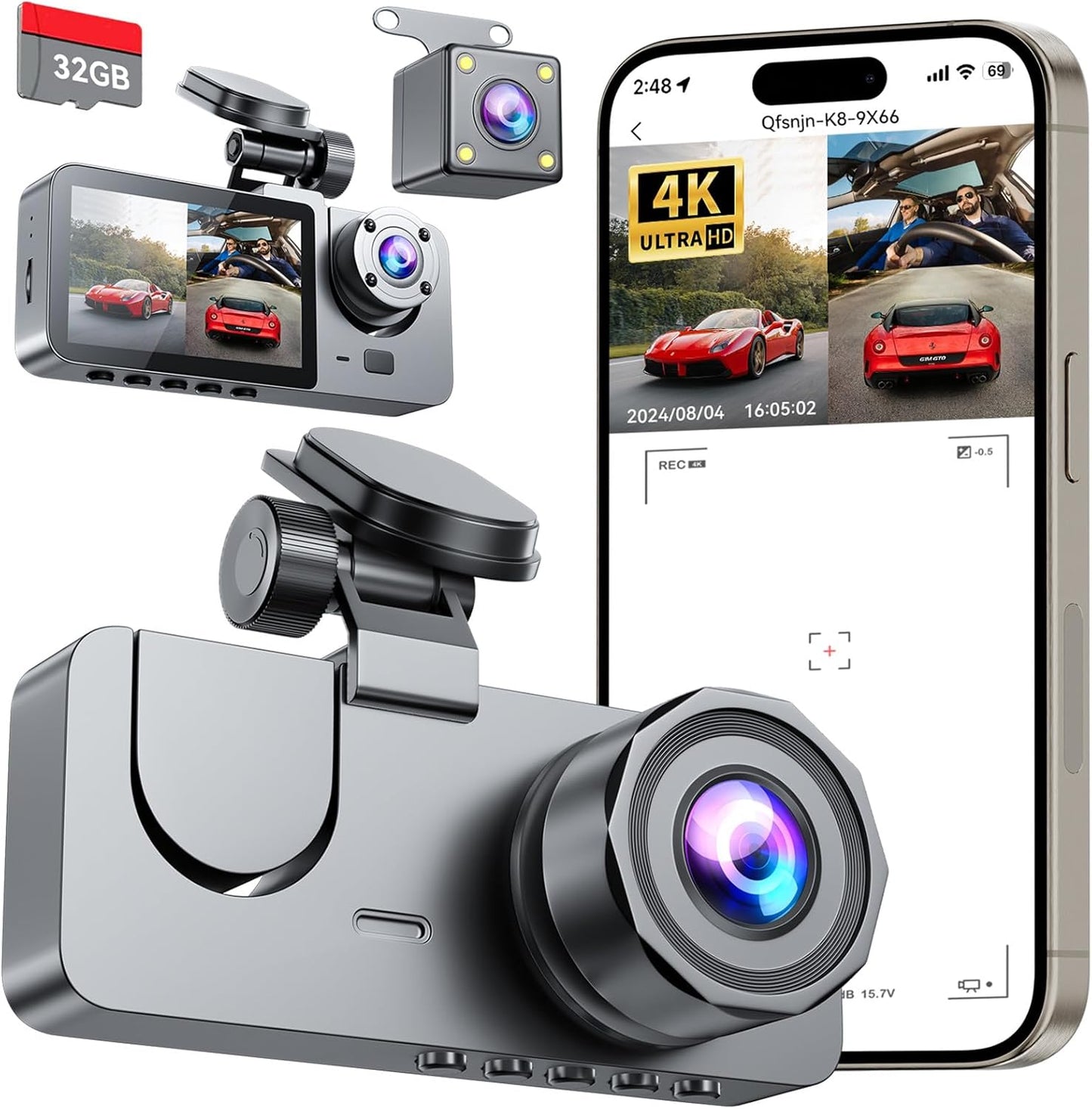3 Channel 4K Full UHD Dash Cam with Night Vision and G-Sensor