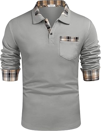 COOFANDY Men's Casual Long Sleeve Plaid Collar Polo Shirt