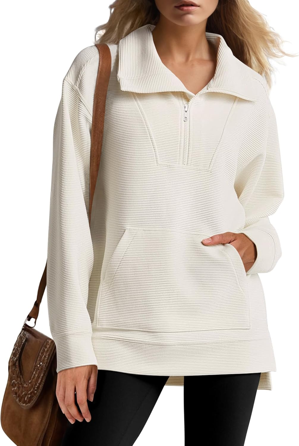 Oversized Quarter Zip Tunic Sweatshirt for Women - Trendy Style