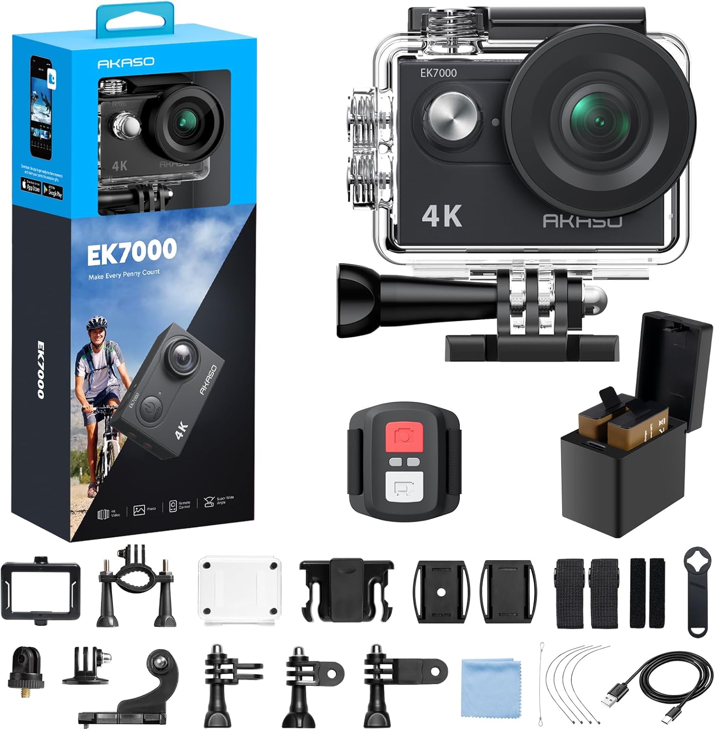 AKASO EK7000 4K Action Cam - Waterproof w/ EIS & Remote