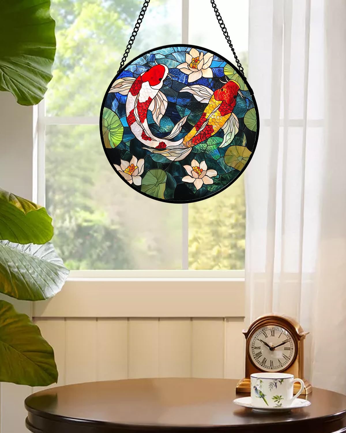 Vibrant Stained Glass Koi and Lotus Sun Catcher for Home Decor