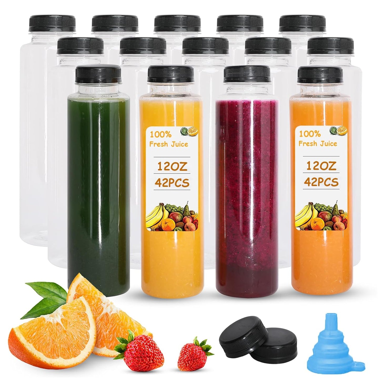 42 Pcs 12 OZ Juice Bottles with Caps for Juicing and Drinks