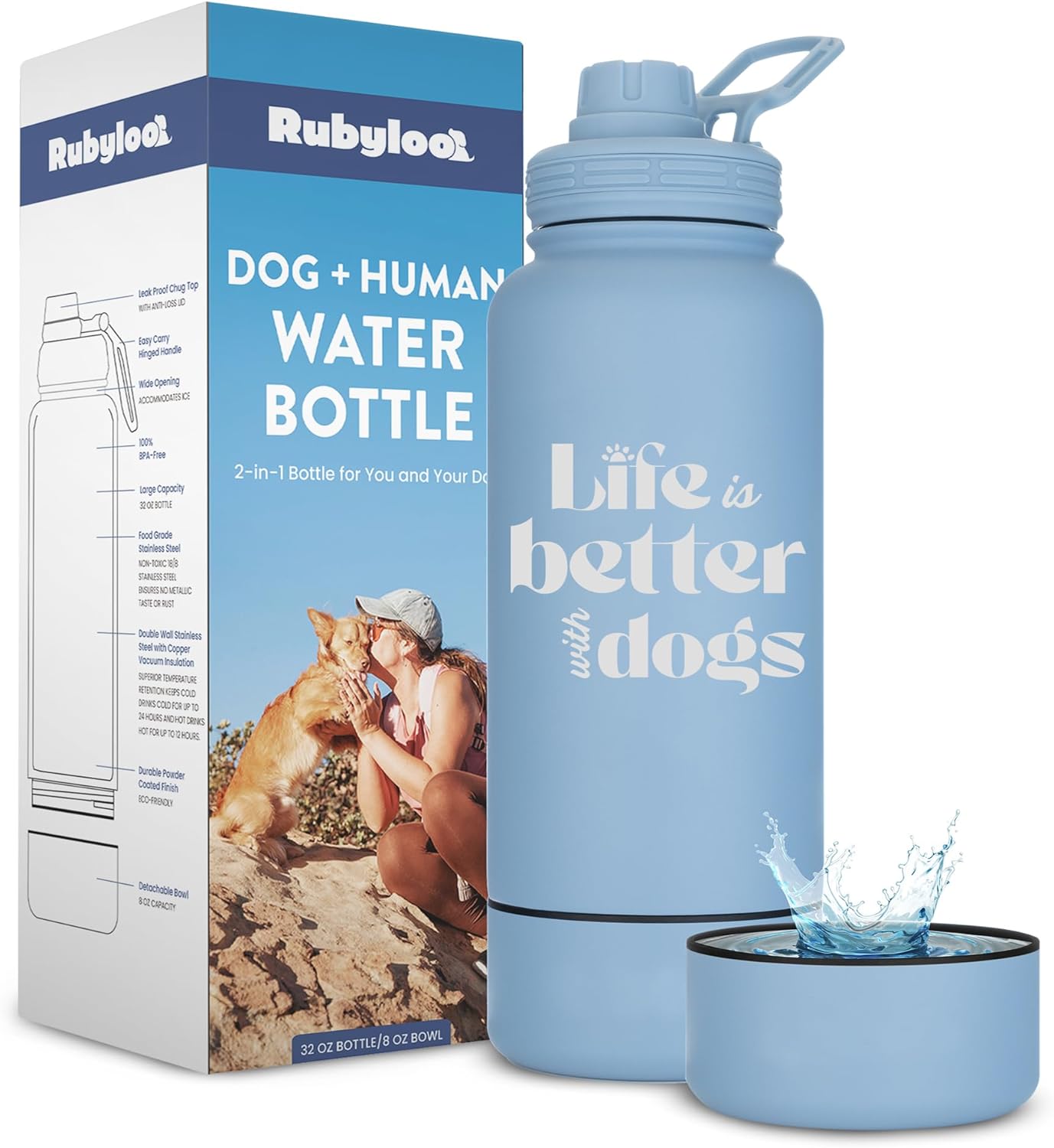 Dog Water Bottle for Dog Lovers - Insulated 32 oz Travel Bottle