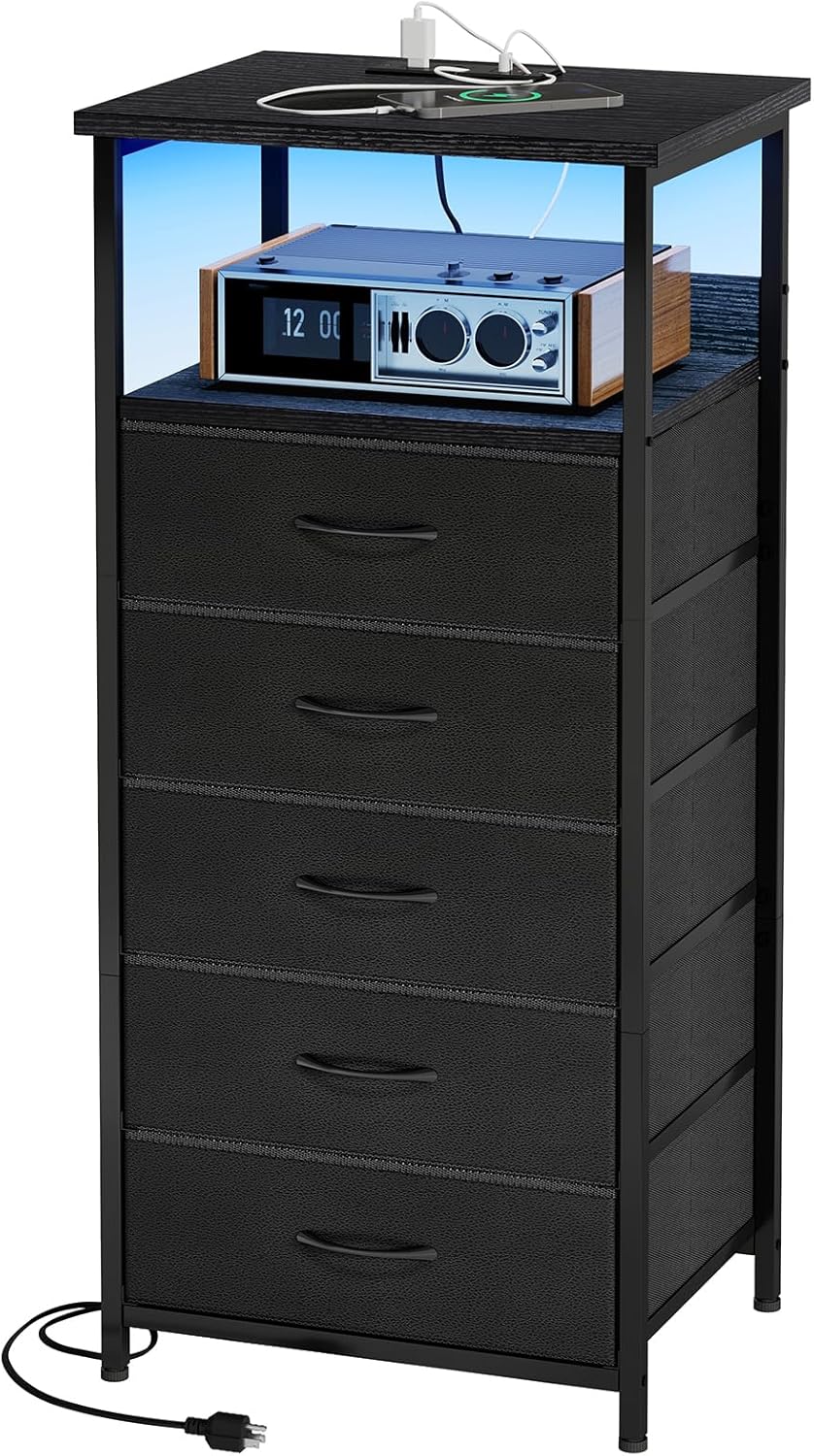 Fixwal Tall Nightstand with Charging Station and LED Lights