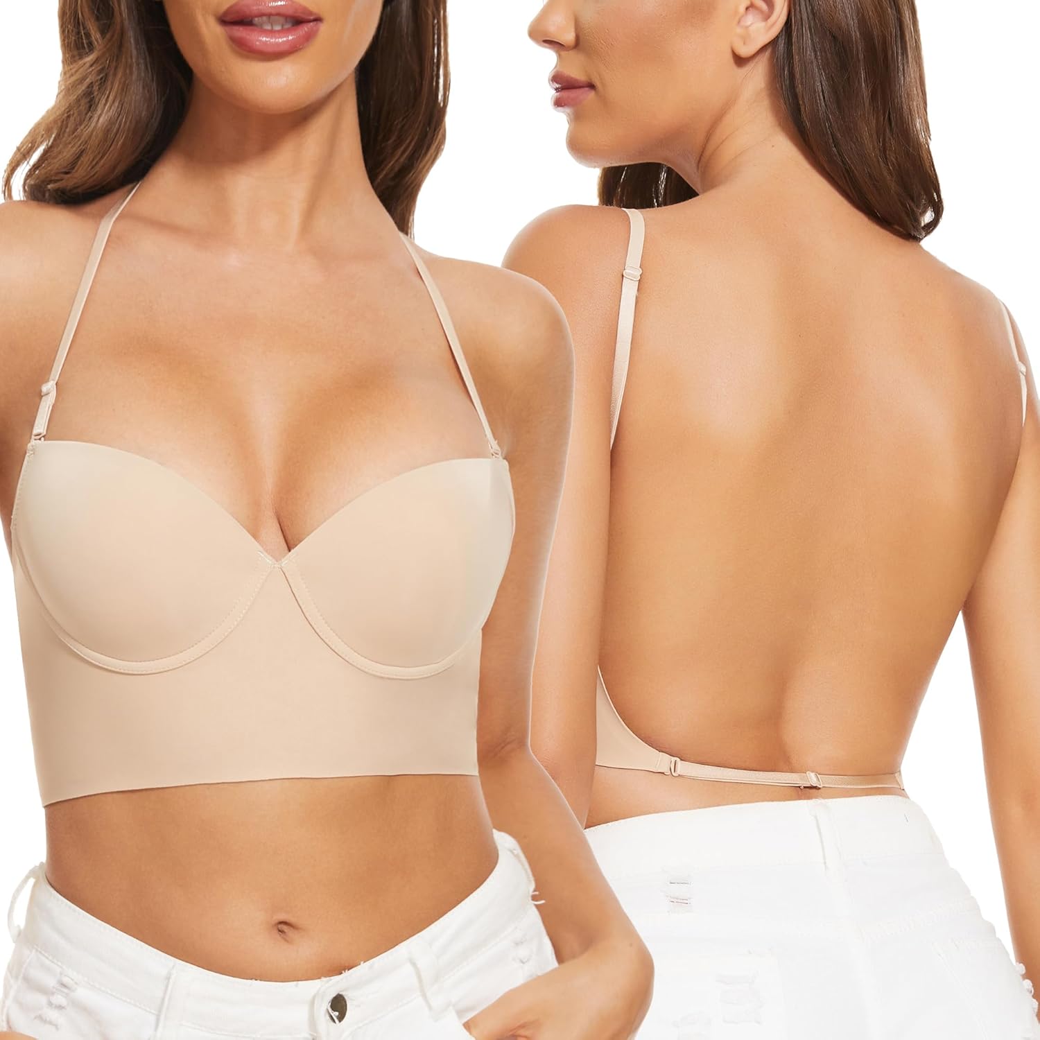 Low Back Bras for Women - Seamless Multiway Halter Bra