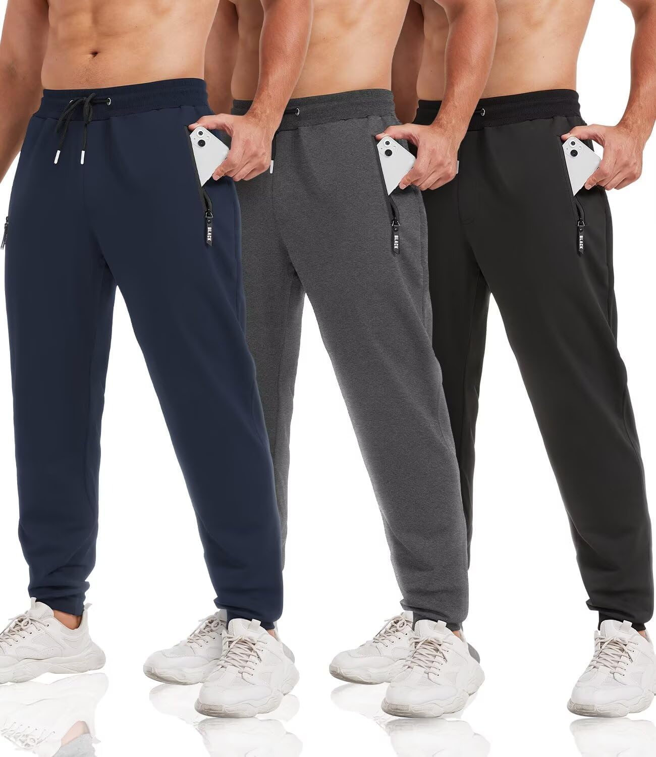 3 Pack Sweatpants for Men Tapered Joggers with Zip Pockets