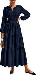 Women's Elegant Maxi Dress V Neck Long Sleeve - Comfortable Flowy Fit