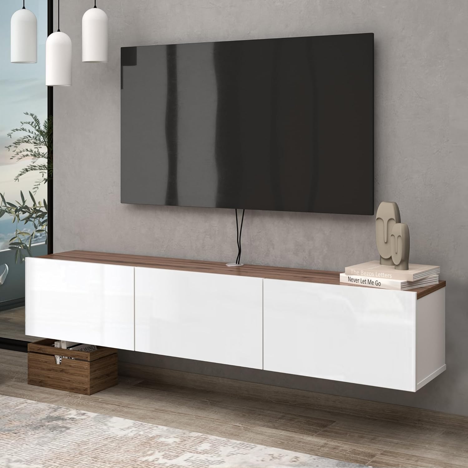 Modern Wall Mounted TV Console - Glossy White, Space-saving Floating Design