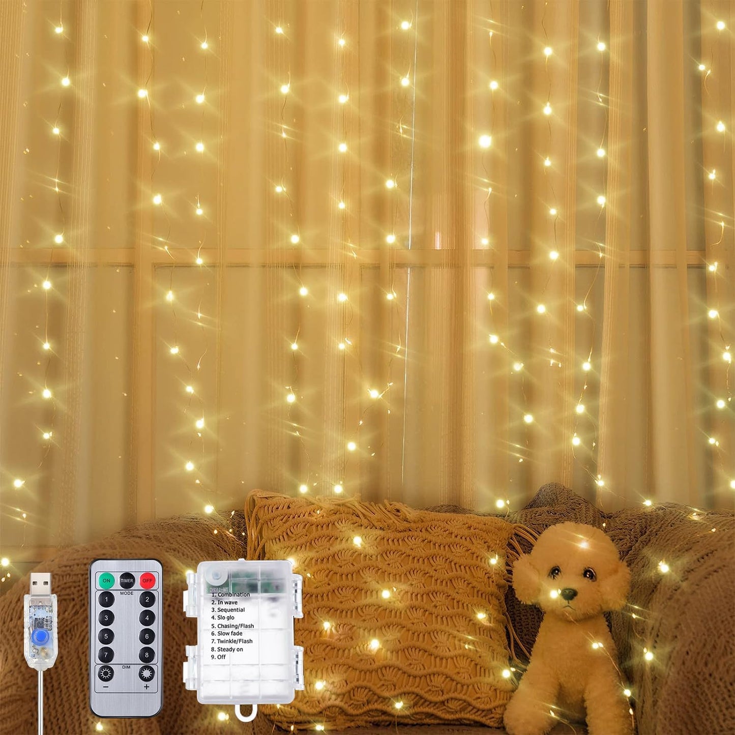 Hiboom 6.5x5ft Twinkle Curtain Lights - Remote Control, USB/Battery Powered