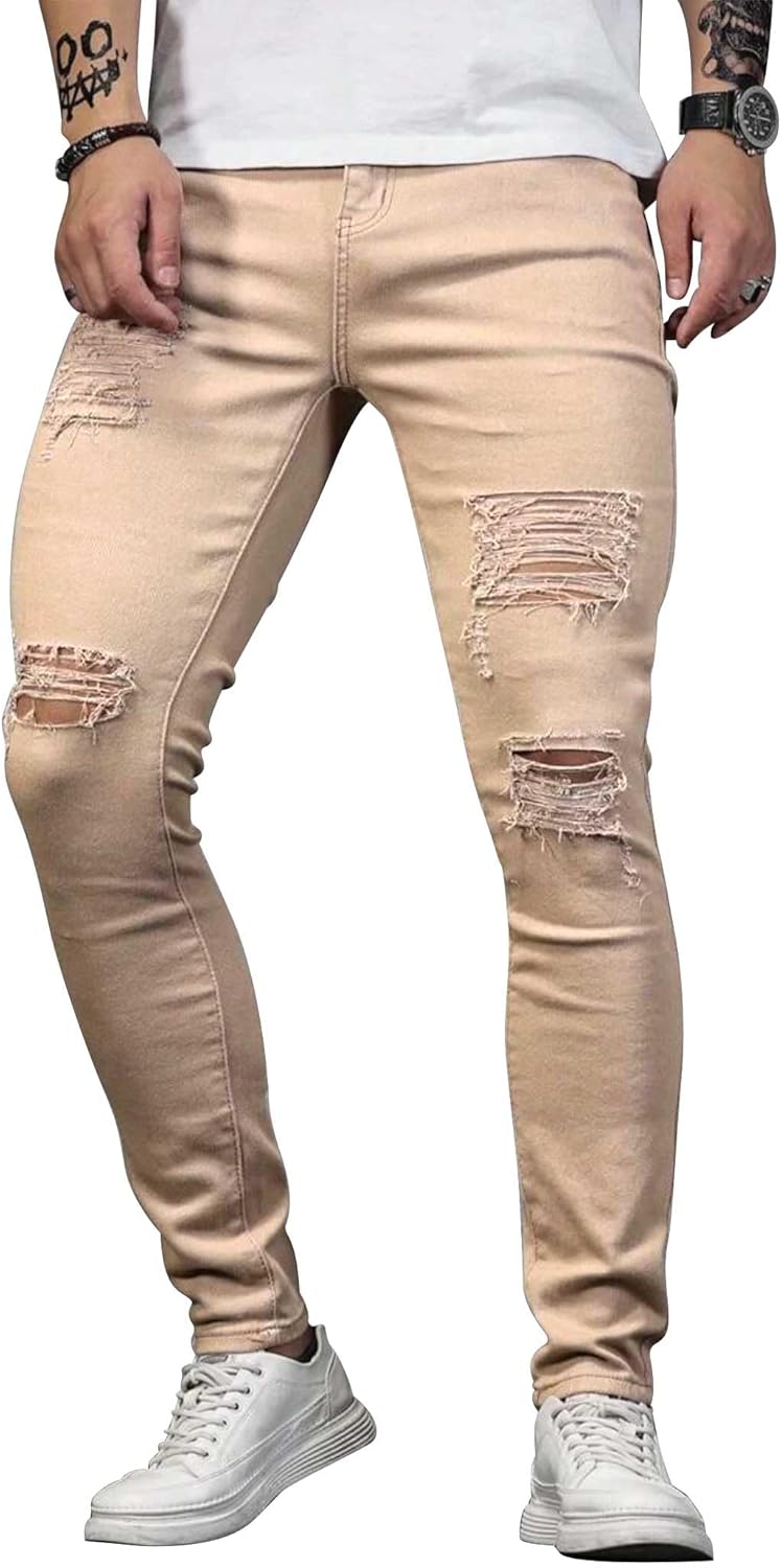 HUNGSON Men's Blue Slim Fit Jeans with Ripped Design and Stripes