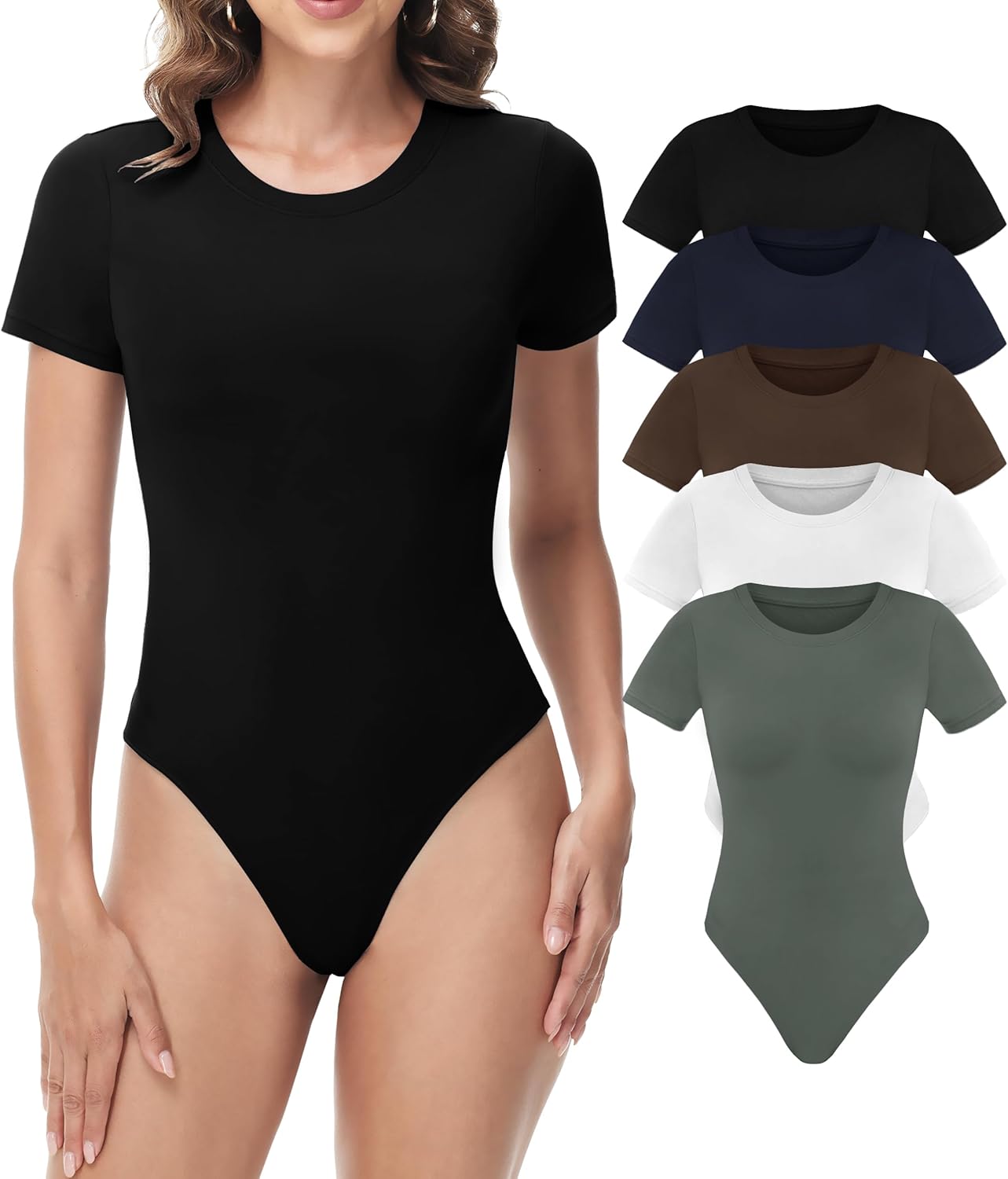 Sundwudu 5 Pack Body Suits for Women - Stretchy Bodysuit Tops