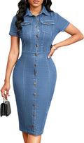 Denim Dress for Women Bodycon Short Sleeve Jean Split - Slim Fit Midi