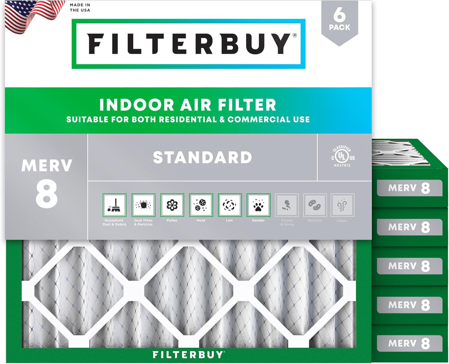 Filterbuy 18x18x2 Air Filter MERV 8 for Dust & Allergy Defense