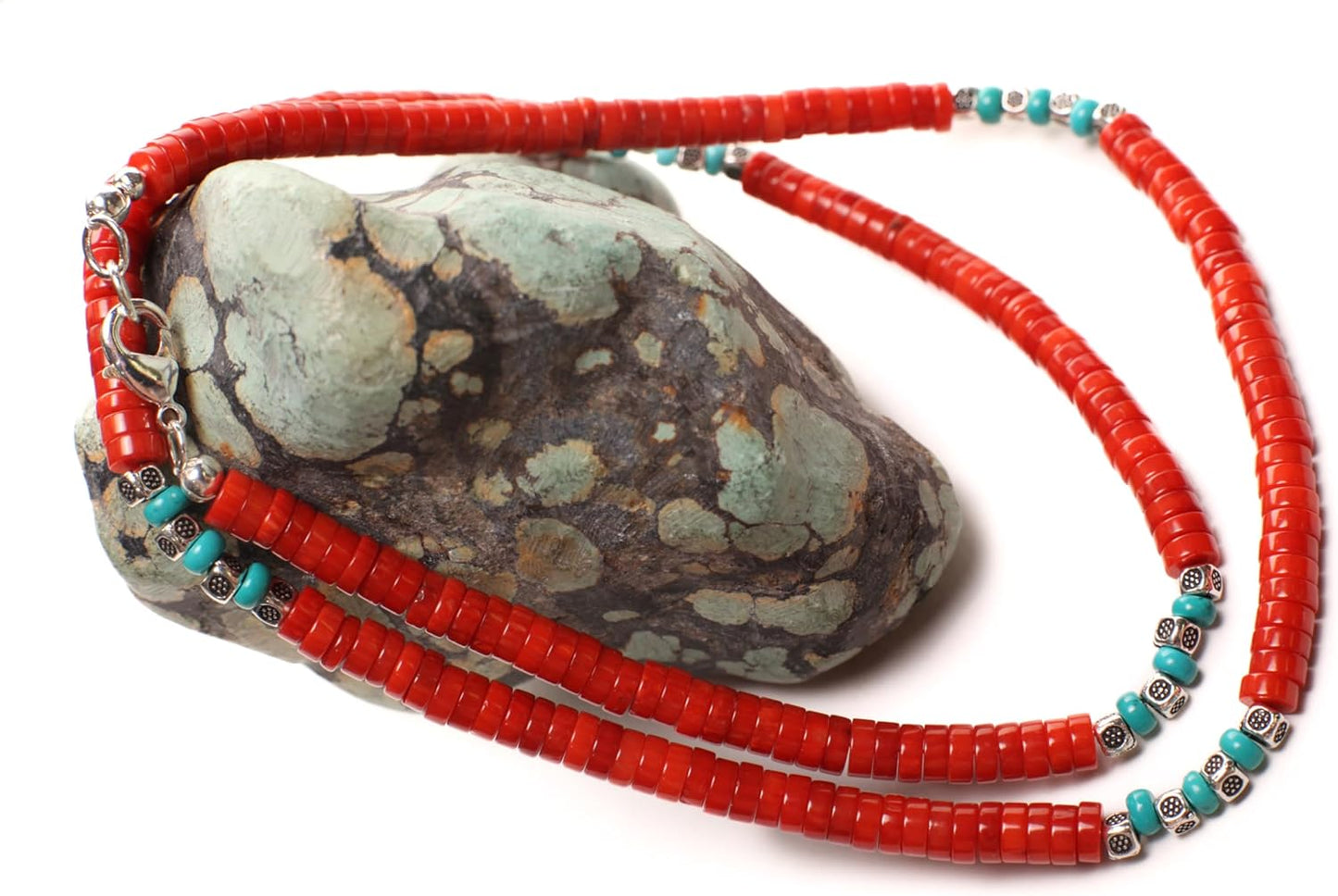 Genuine AAA Red Bamboo Coral Heishi and Turquoise Necklace