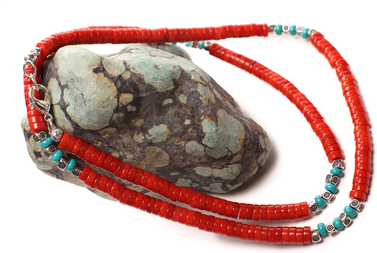 Genuine AAA Red Bamboo Coral Heishi and Turquoise Necklace