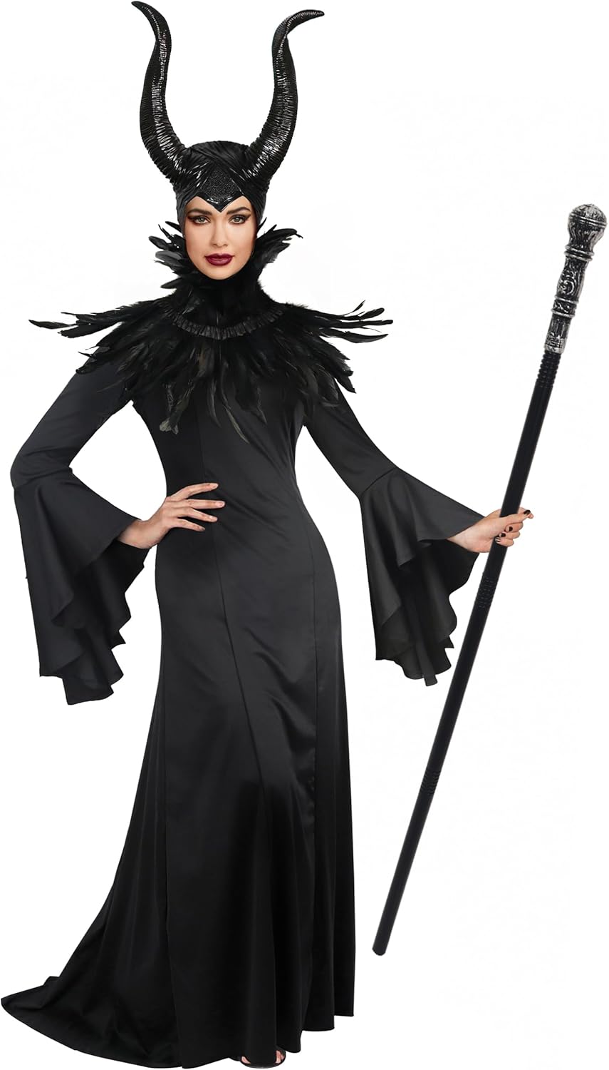 Deluxe Black Gown Costume with Feather Cape and Horns for Women