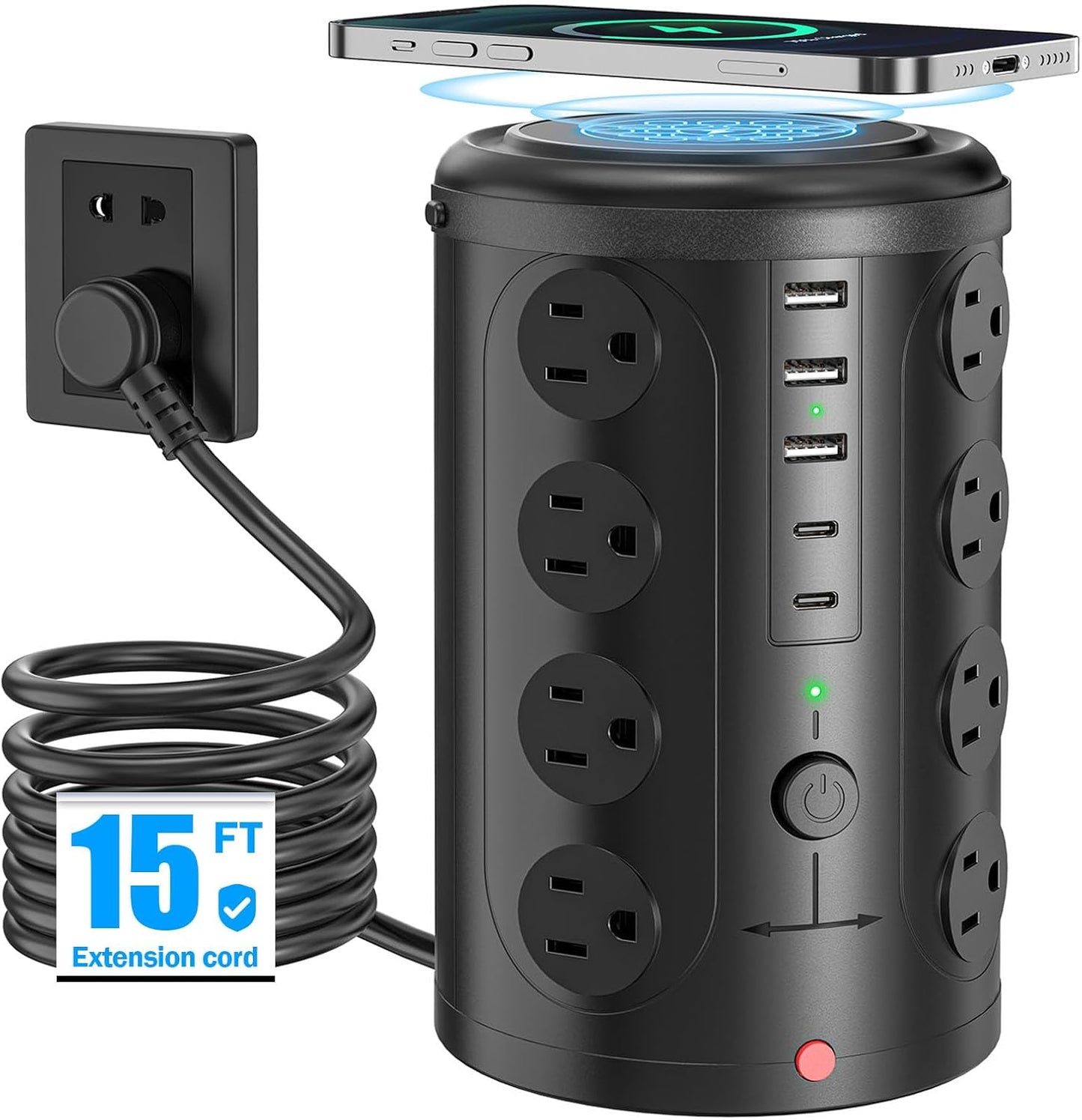 Tower Power Strip with 15W Wireless Charger and 16 Outlets