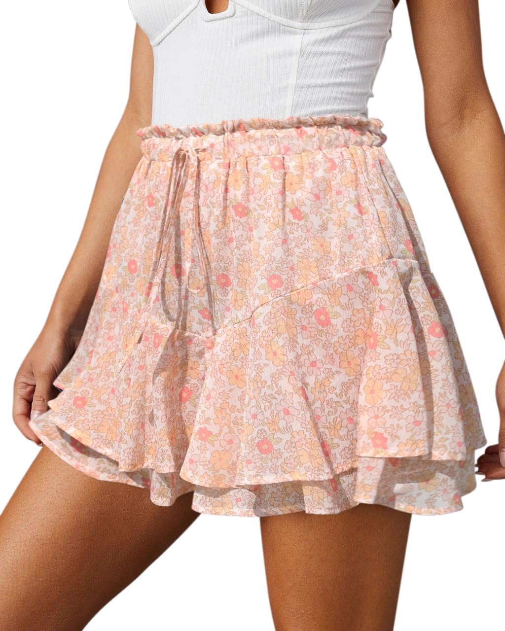 Flowy Shorts for Women Casual Boho Floral Ruffle Mini Skirts