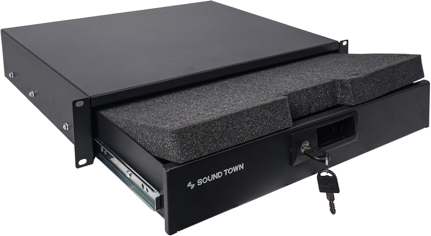 Sound Town 19-inch 2U Locking Rack Drawer for Secure Storage