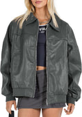 Tankaneo Womens Faux Leather Oversized Bomber Jacket - Casual Moto It