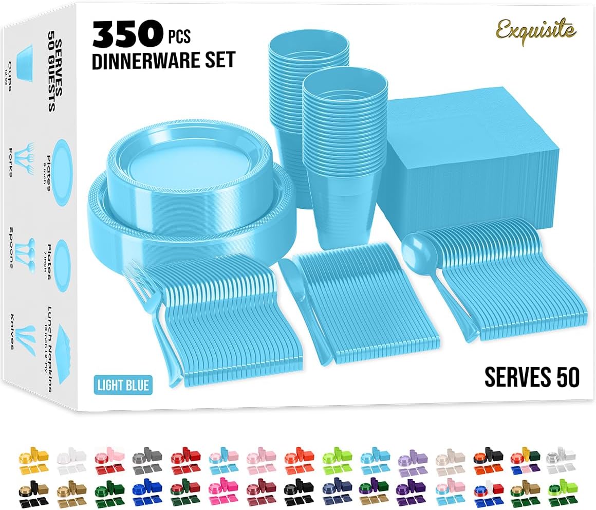 350 Pcs Light Blue Plastic Plates Set for Any Party Occasion