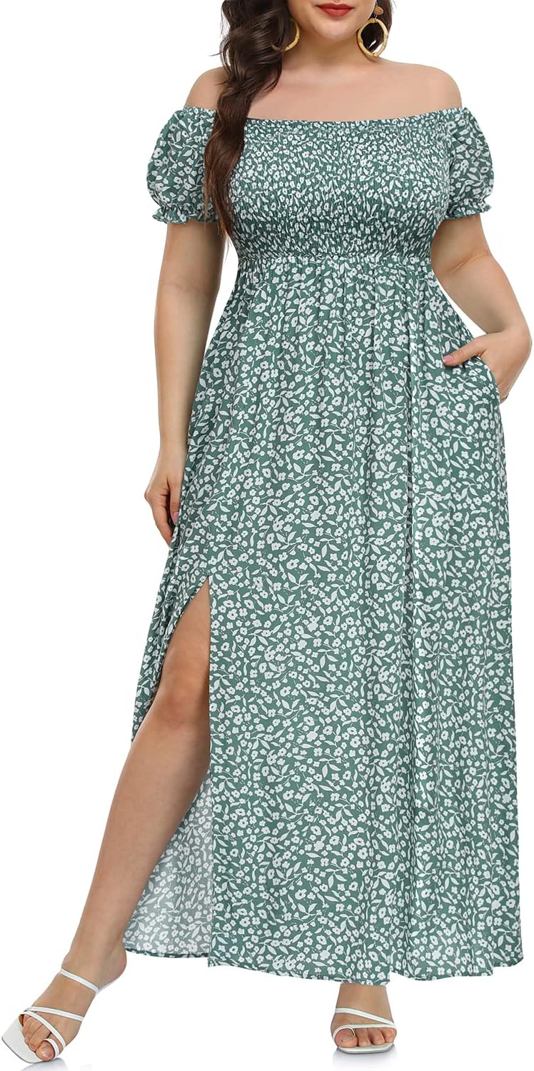 Plus Size Summer Dresses - Boho Casual Off Shoulder Maxi Dress