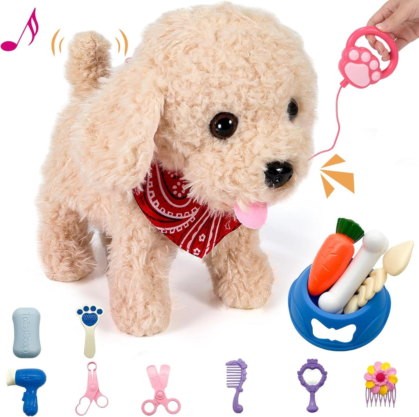 Interactive Walking Plush Puppy Toy for Kids with Grooming Set