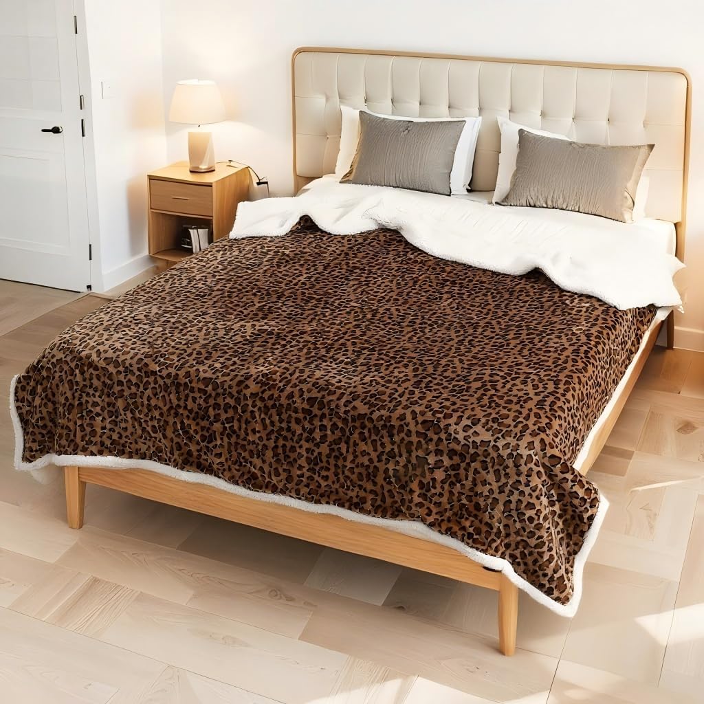 Electric Heated Blanket Throw - Dual-Sided Leopard Print Comfort