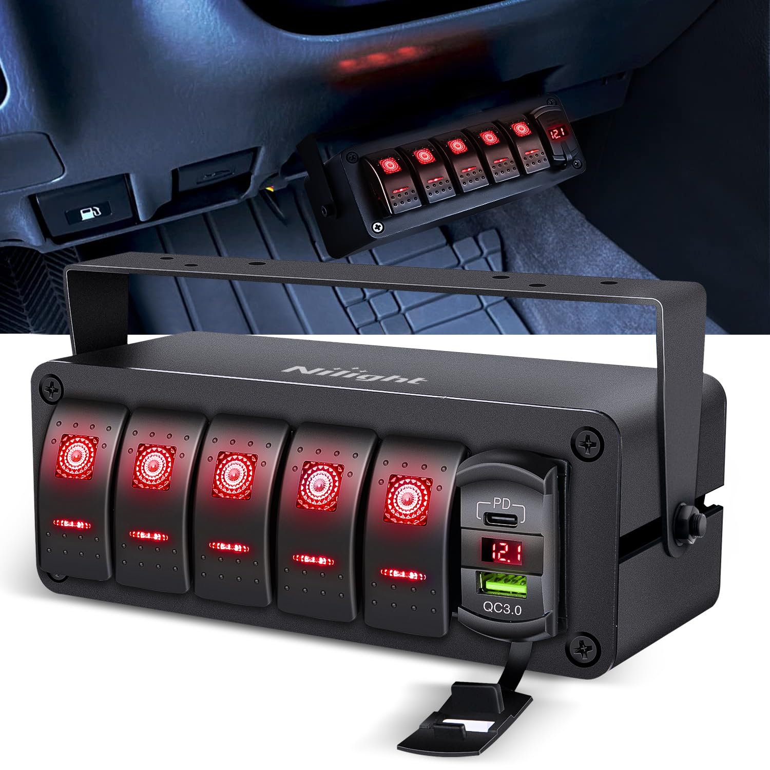 Nilight 5 Gang Rocker Switch Box with USB Charger and Voltmeter