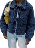 Quilted Denim Puffer Jacket Tie Front Bow Cropped Jeans Coat - Cute