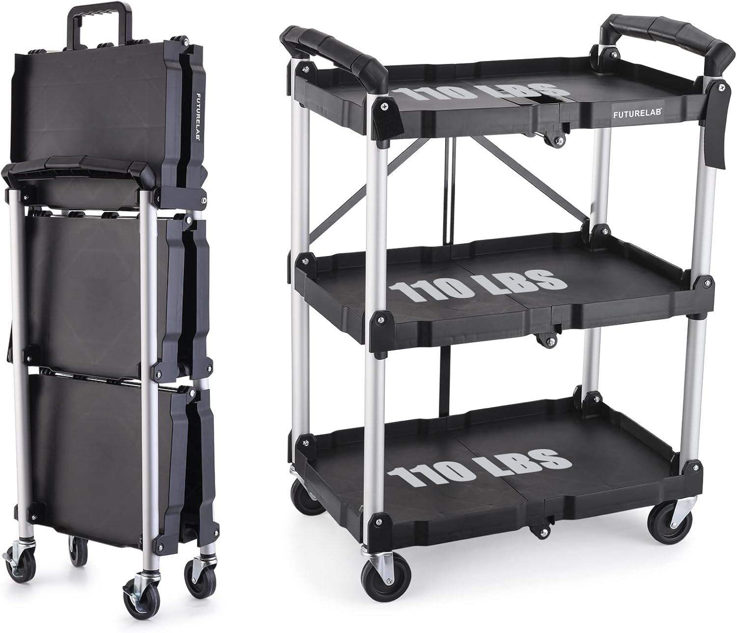 FUTURELAB Portable Folding Service Cart - 3 Tier Utility Cart