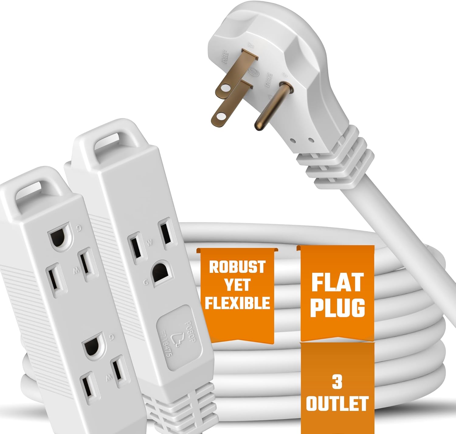 Flat 3-Outlet Extension Cord 20 Ft for Indoor Use - 3 Pack