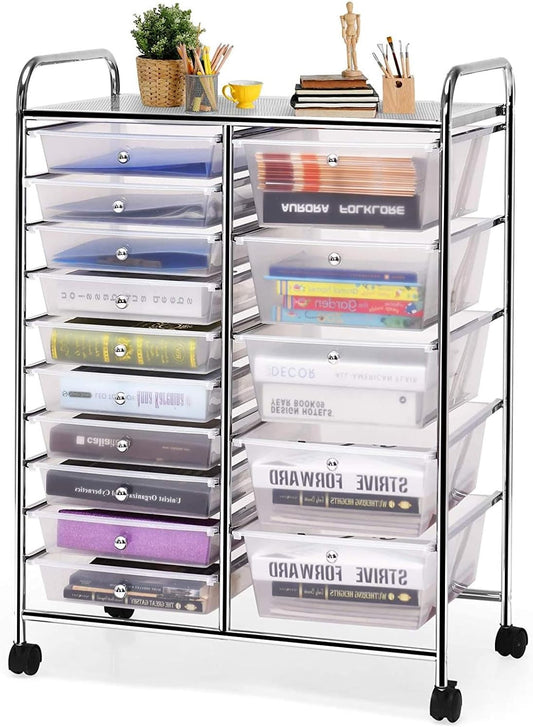 HAPPYGRILL 15-Drawer Rolling Cart for Home, Office, and School