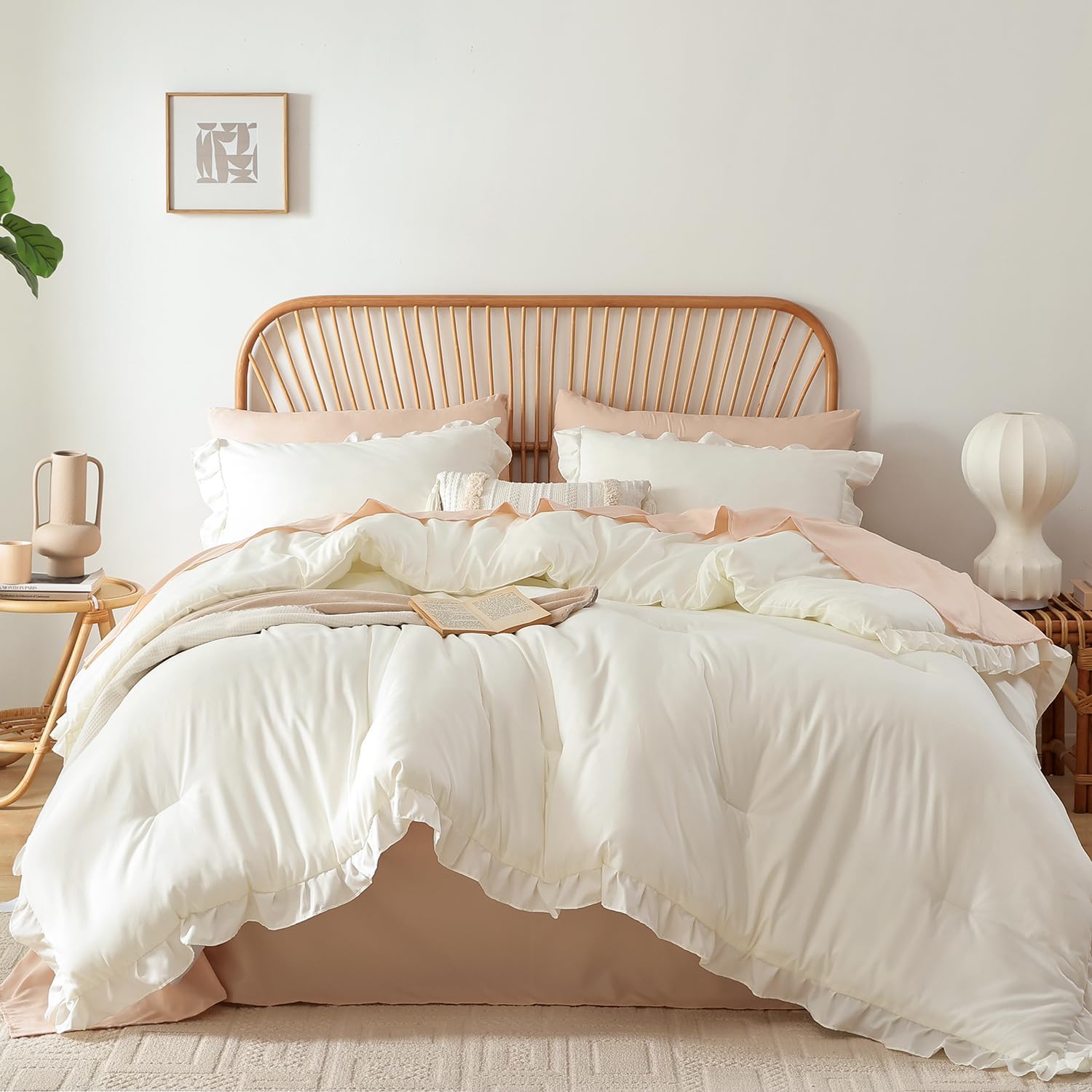 JANZAA King Comforter Set Creamy White Ruffle Bedding Set